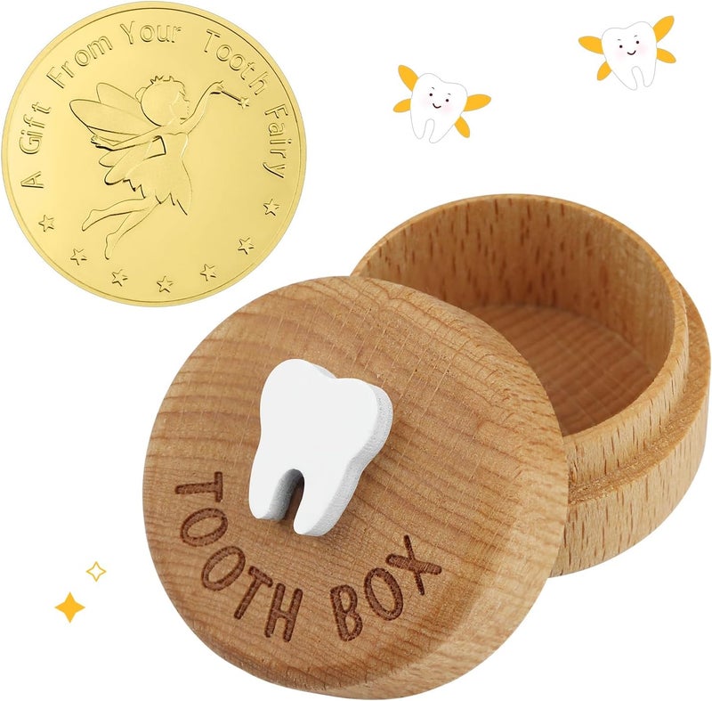 freespace Tooth Fairy Box 3D Carved Wooden Box Souvenir Dropped Tooth Keepsake Storage Box Gift for Boy or Girl (with Tooth fairy coin) - Image 1